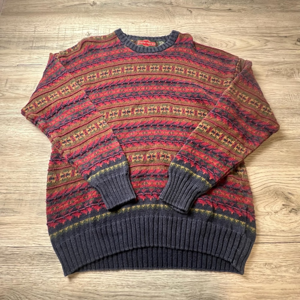Stone Haven Sweater Mens Medium Multi Color Geometric Knit Vintage Ramie Cotton